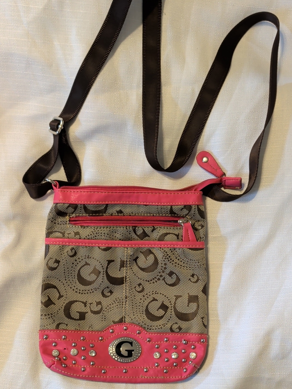 Guess Signature Crossbody with Pink Trim and Stud Accents